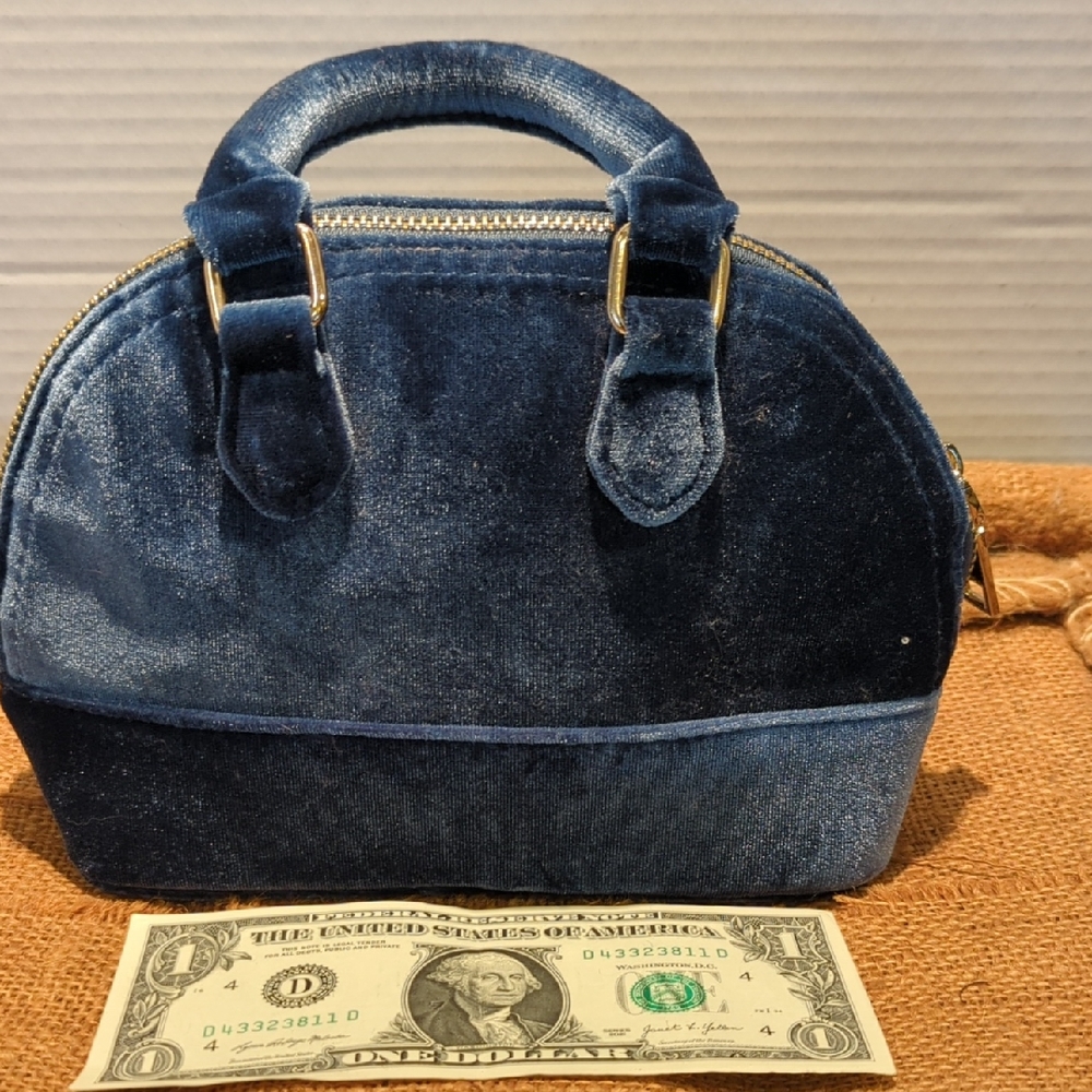 Elegant Blue Velvet Handbag With Gold Hardware